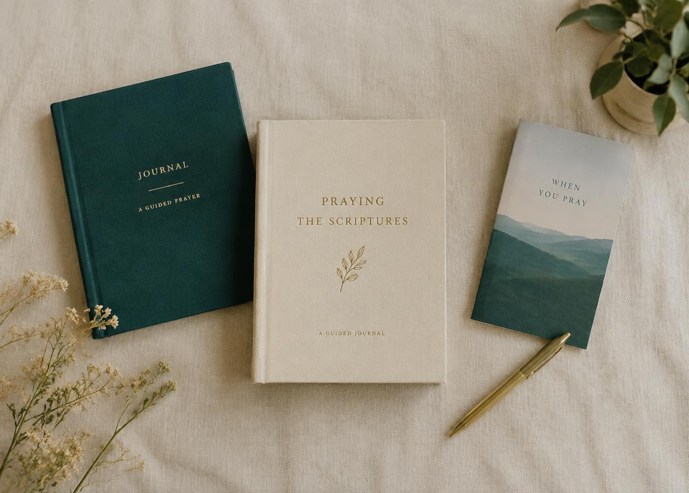 Guided devotional journals and a gold pen laid out on linen